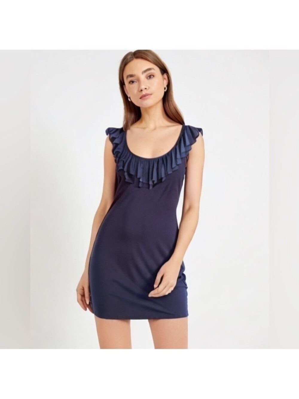 Andrea Behar Boston Proper Ruffle Detail Navy Blue Sleeveless Dress